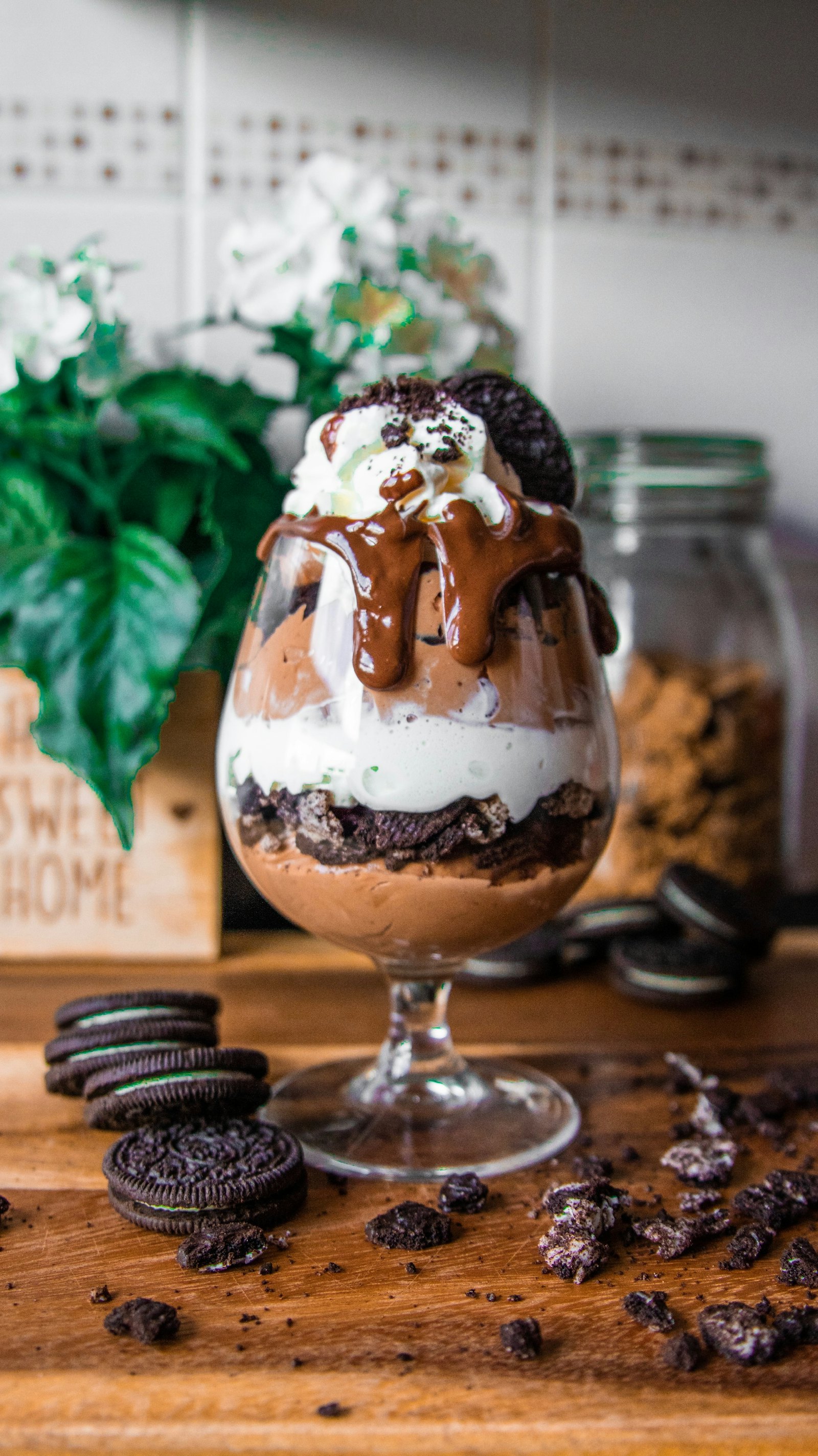 A towering chocolate parfait in a glass